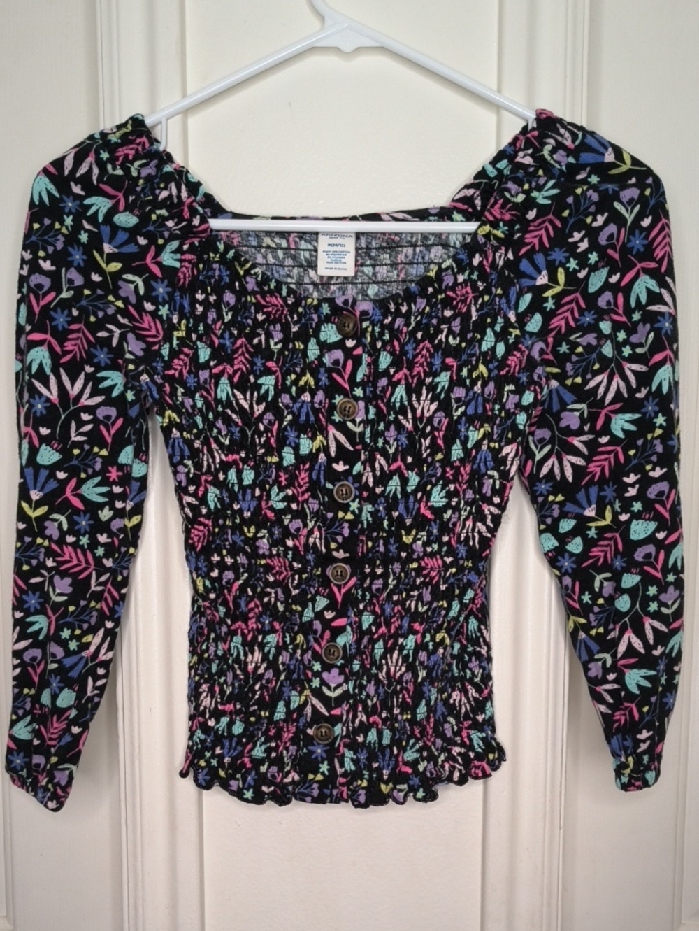 Faded Glory Black Floral Smocked Button-Front Top with Multicolor Print